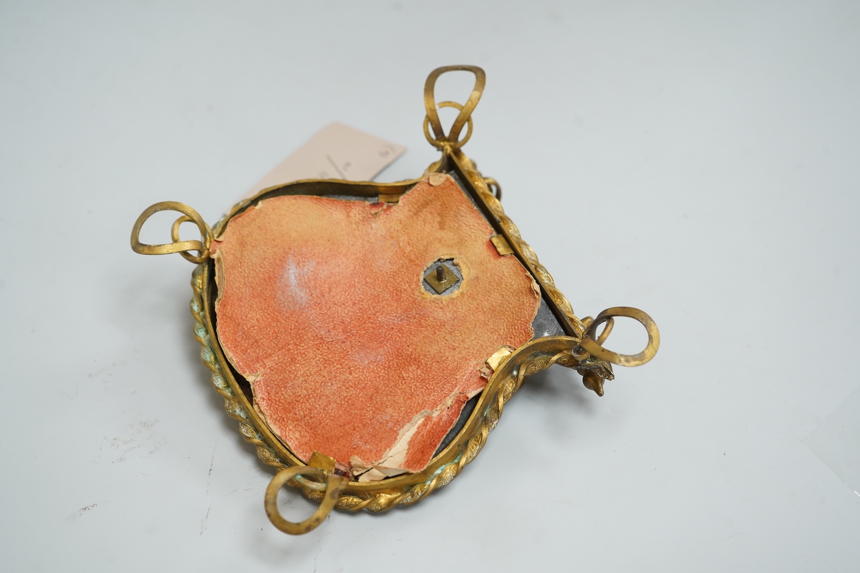 A Pietra Dura inkstand, telescope, cased glass flask and a wood boat model